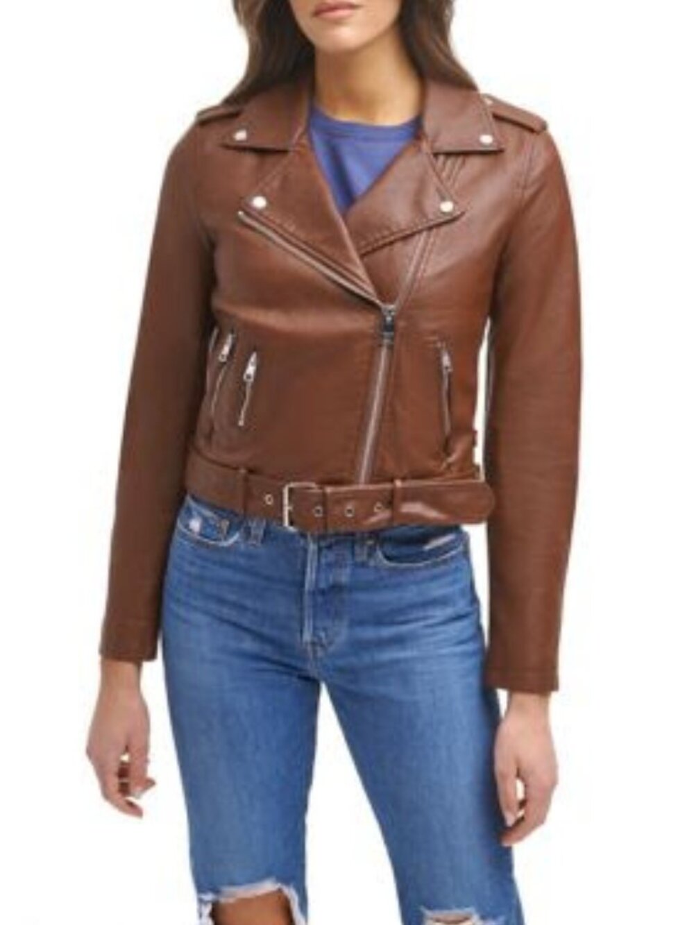 Levi Faux Leather Belted Moto Jacket Brown